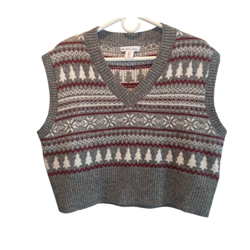 London Kaye Womens Gray Sweater Vest Fair Isle Christmas Tree V-Neck Large